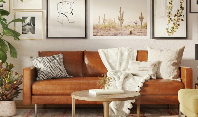 a living room with a couch and a table